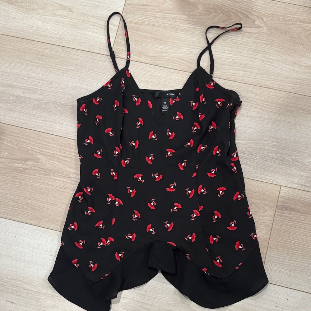 Aqua Black and Red Patterned Spaghetti Strap Top